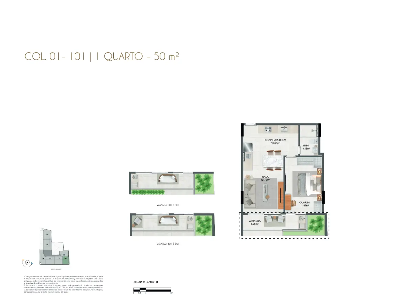 Aros Inc - Satamini 12 - 22 - Plantas - COL. 01 - 101 ao 501 | 1 Quarto (50m²)