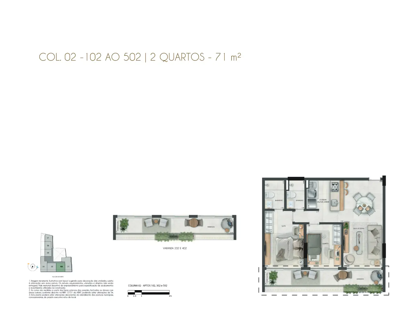 Aros Inc - Satamini 12 - 23 - Plantas - COL. 02 - 102 ao 502 | 2 Quartos (71m²)