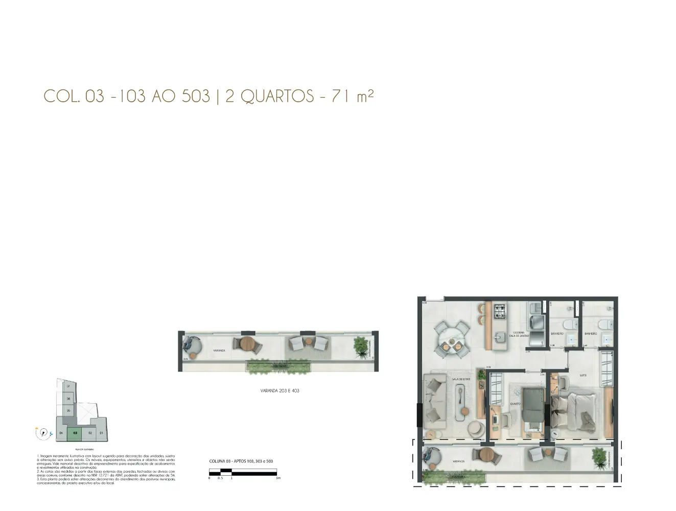 Aros Inc - Satamini 12 - 24 - Plantas - COL. 03 - 103 ao 503 | 2 Quartos (71m²)