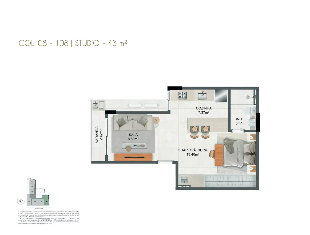 Aros Inc - Satamini 12 - 33 - Plantas - COL. 08 - 108 ao 508 | Studio (43m²)